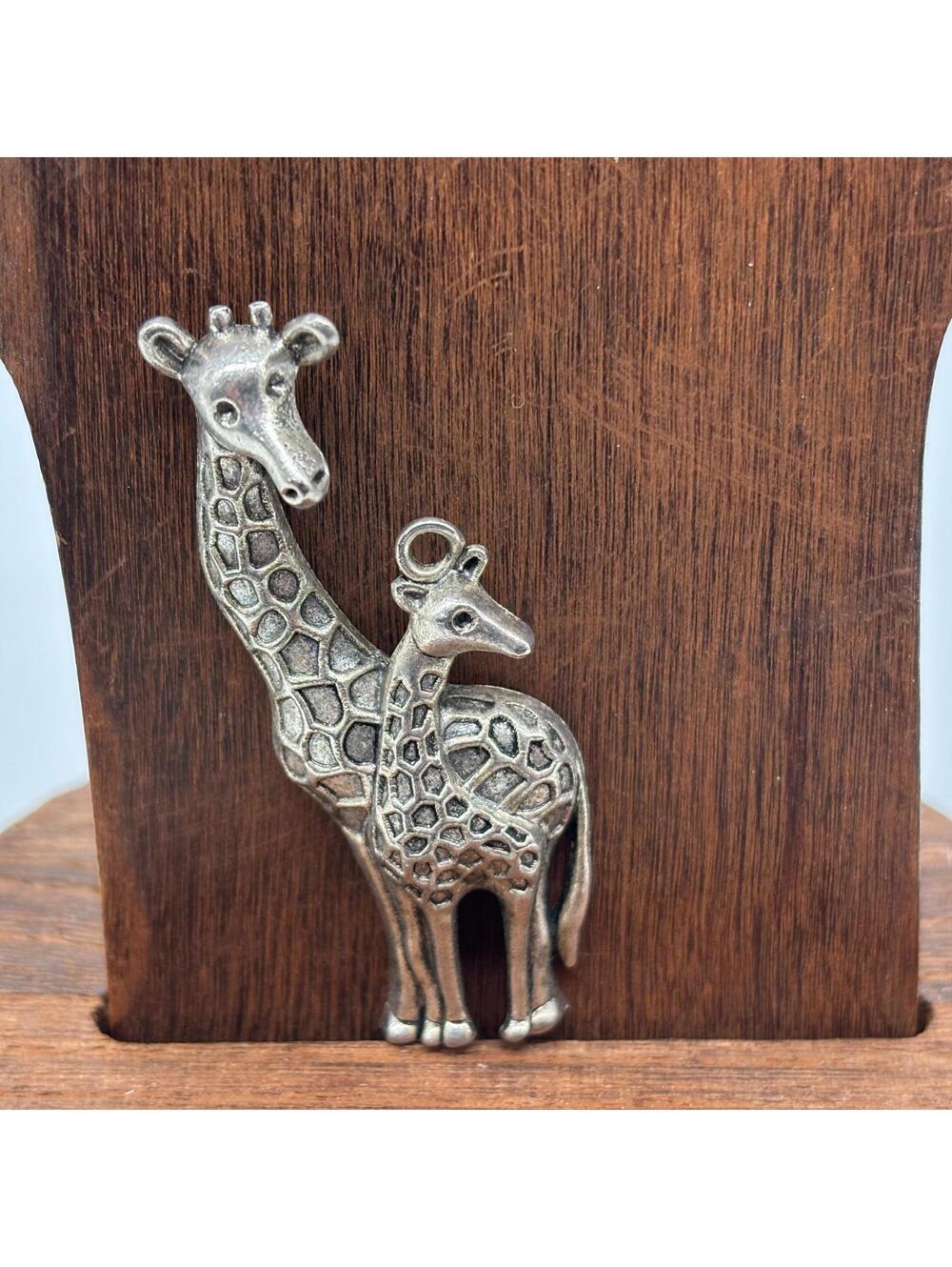 Vintage Giraffe Mom and Calf Pendant Silver Tone 2"